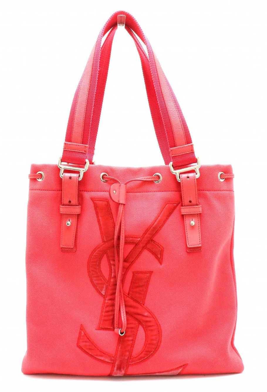 Saint Laurent Yves Yves Kahala Tote Bag Handbag Canvas Velour Leather Pink Red